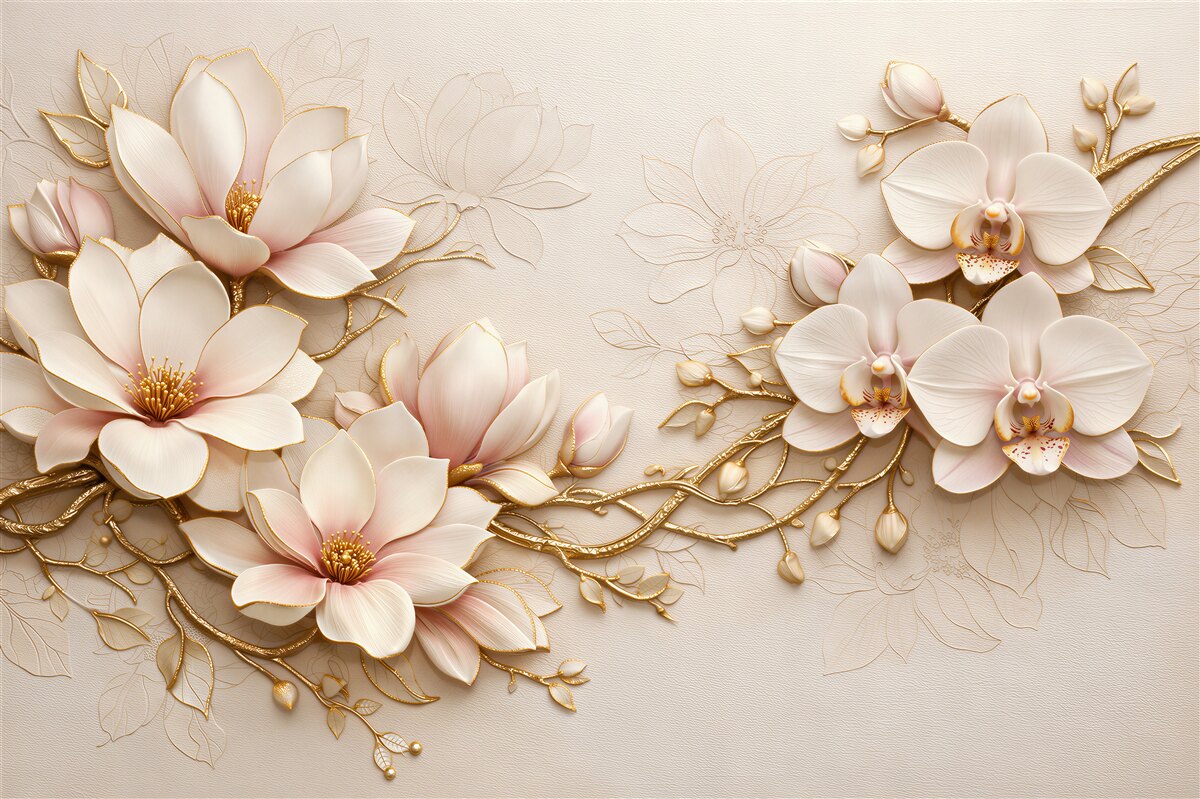 Fototapeten Goldene Magnolien und Orchideen Glamour