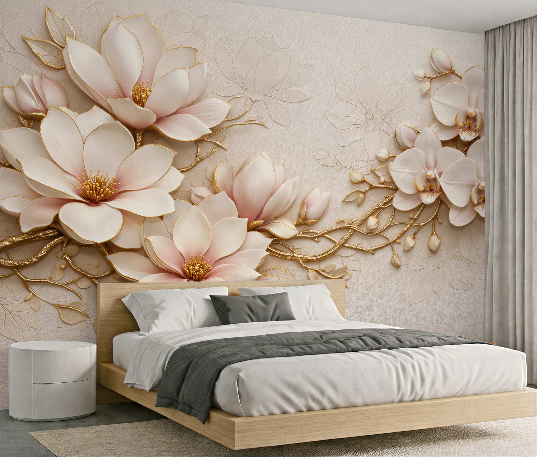 Fototapeten Goldene Magnolien und Orchideen Glamour