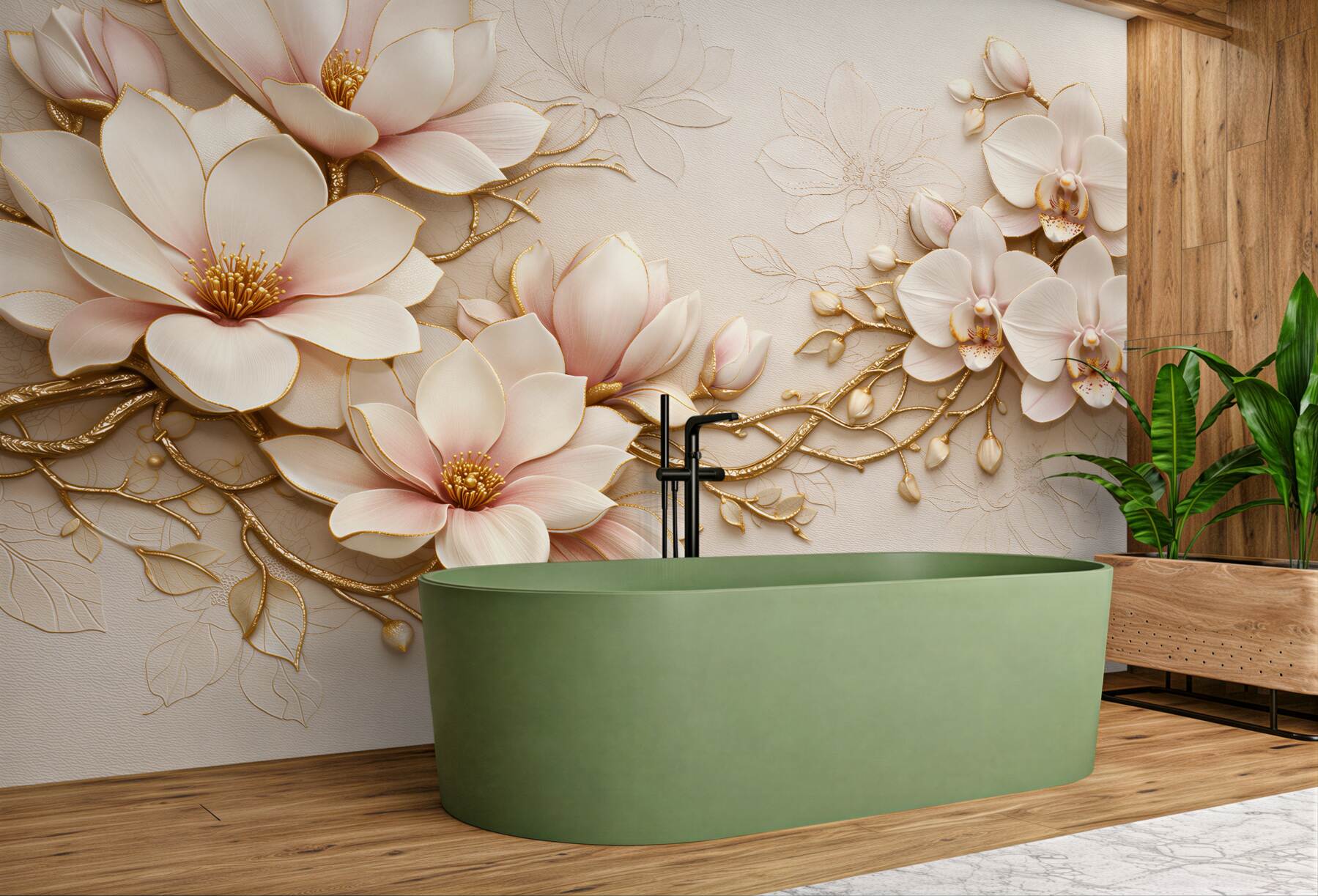 Fototapeten Goldene Magnolien und Orchideen Glamour