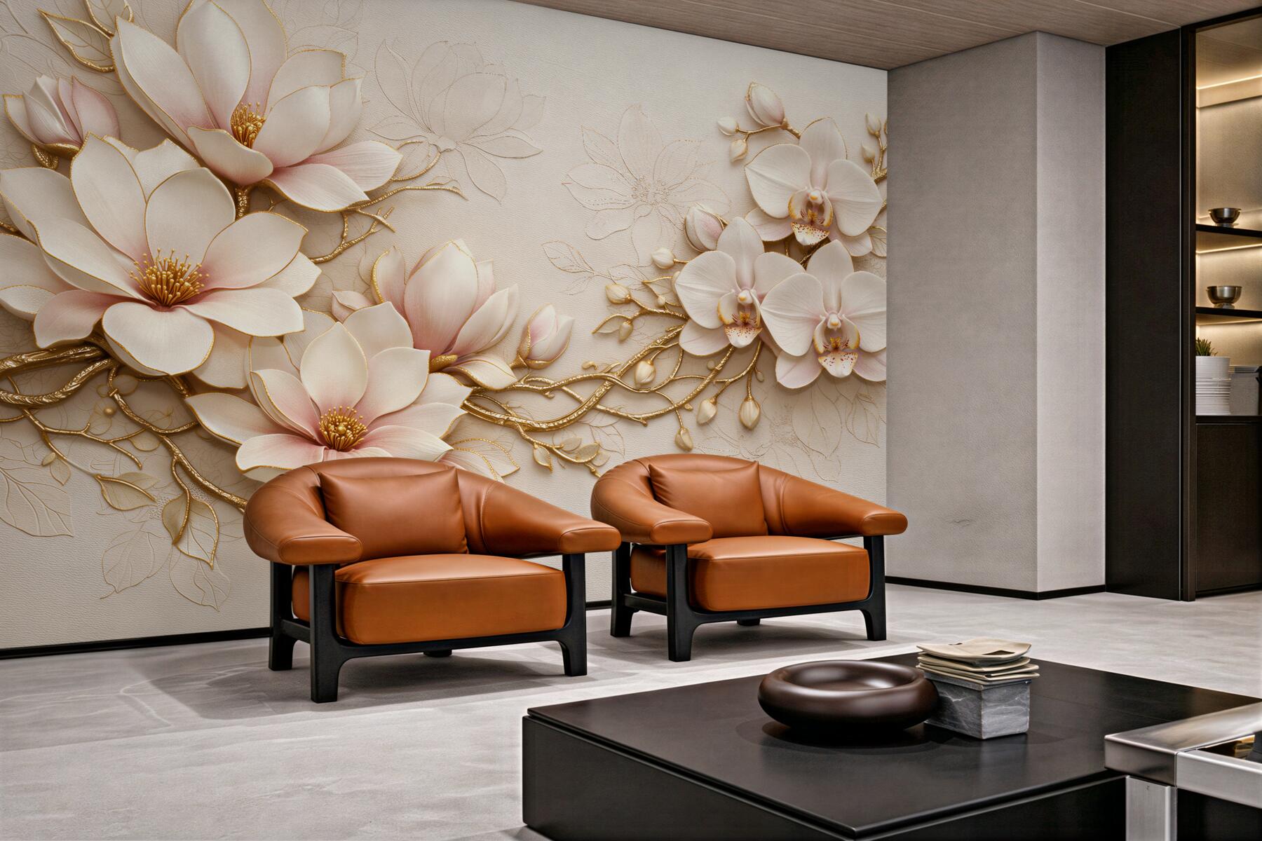 Fototapeten Goldene Magnolien und Orchideen Glamour