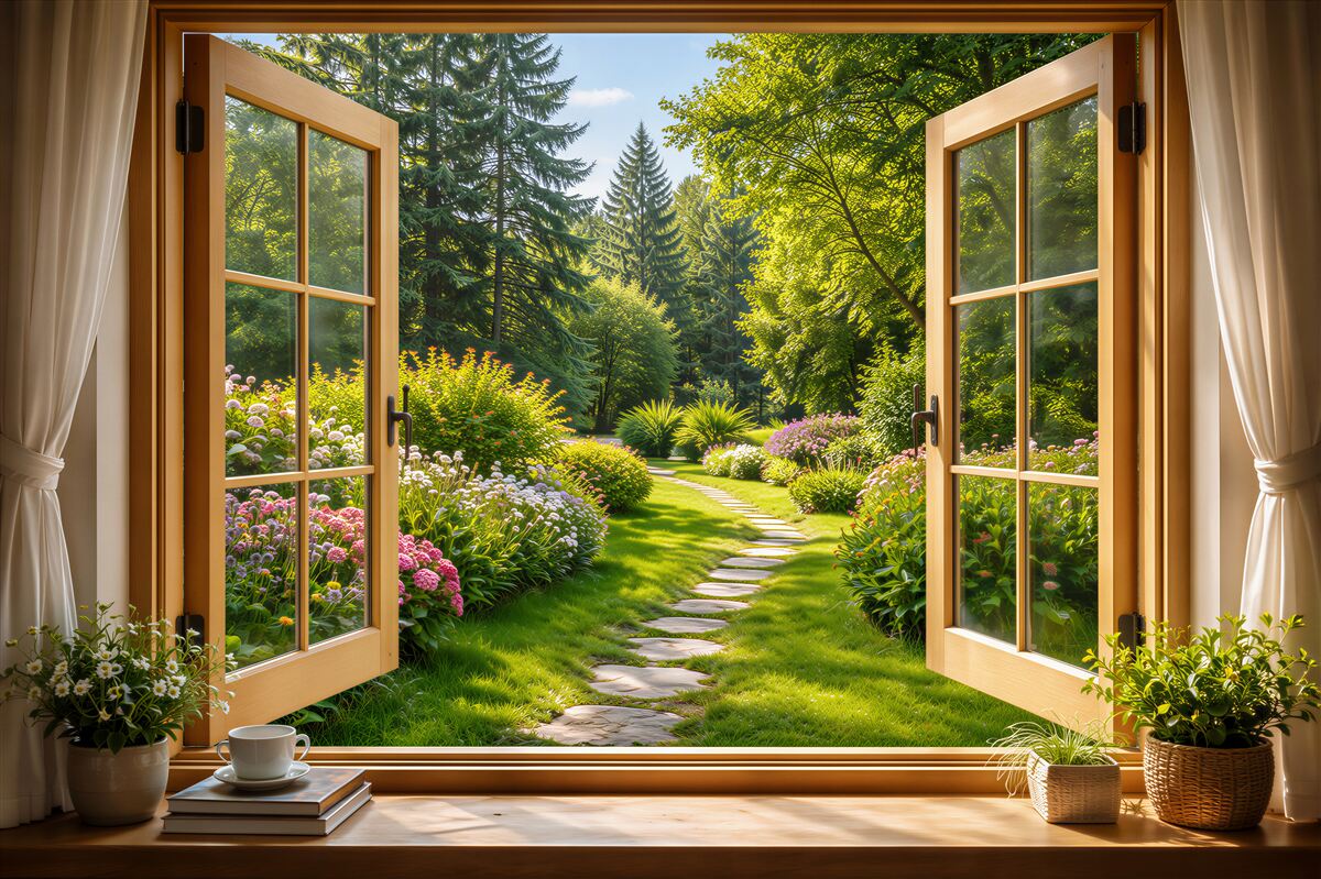 Fototapeten Offenes Fenster zum sonnigen Garten