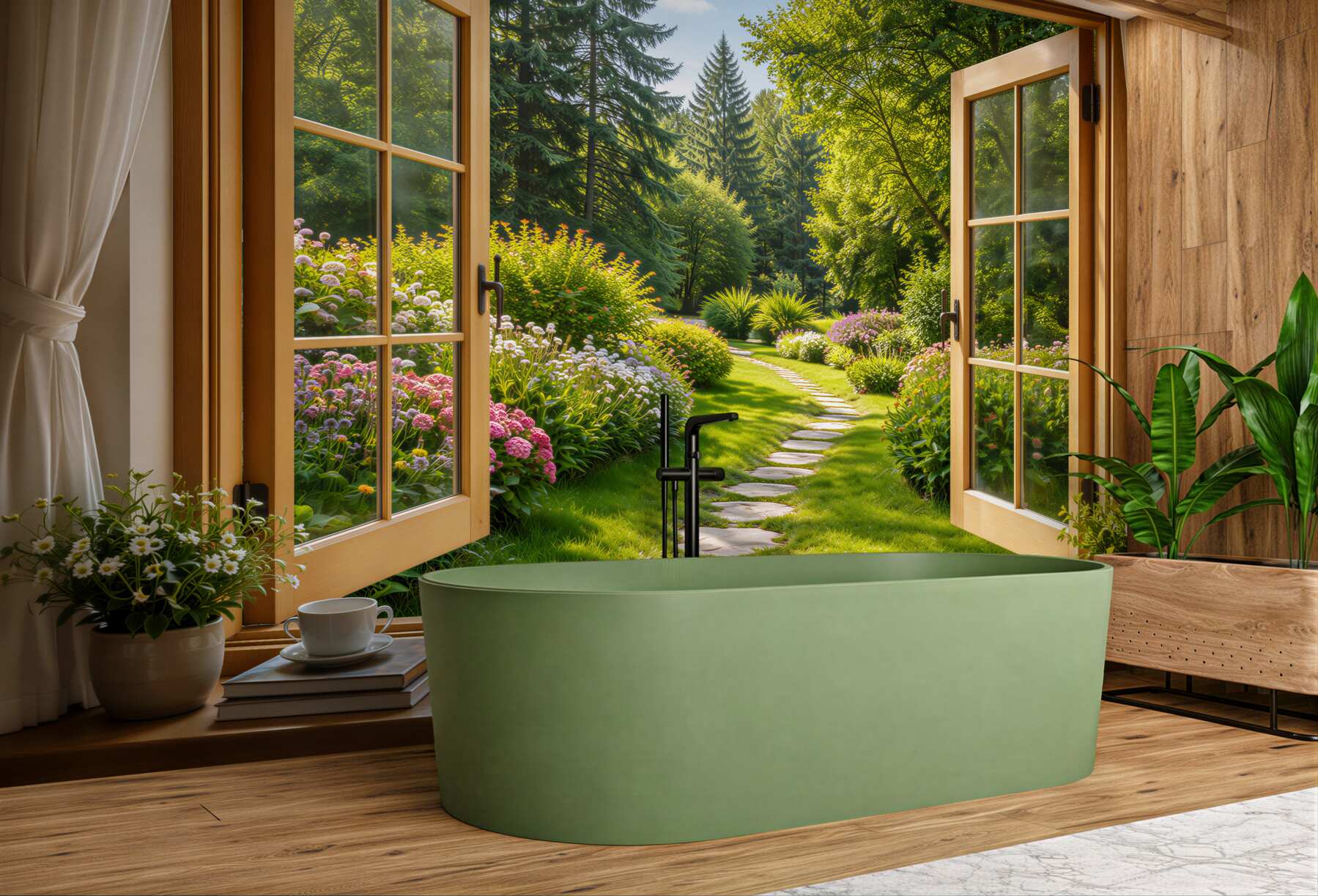 Fototapeten Offenes Fenster zum sonnigen Garten