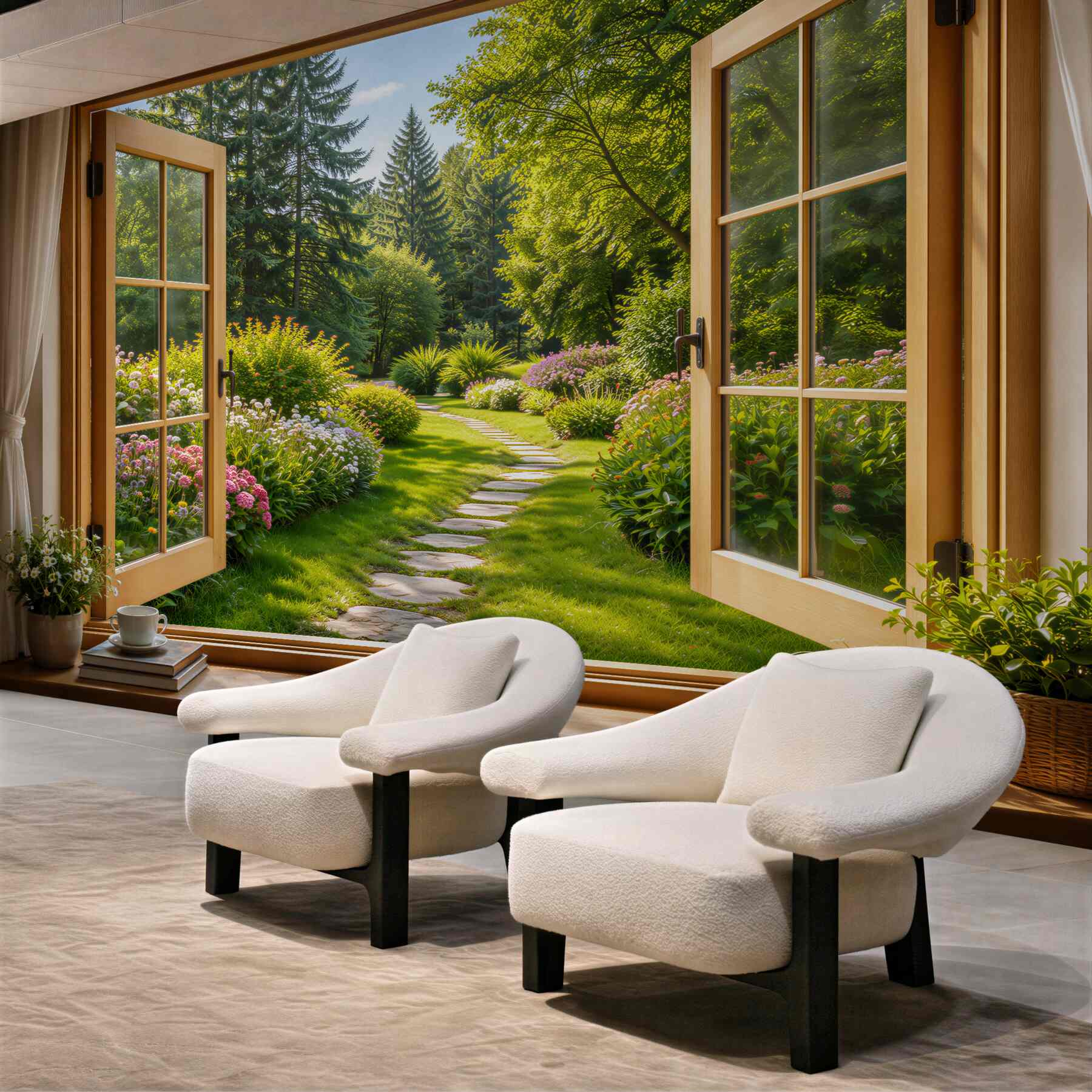 Fototapeten Offenes Fenster zum sonnigen Garten