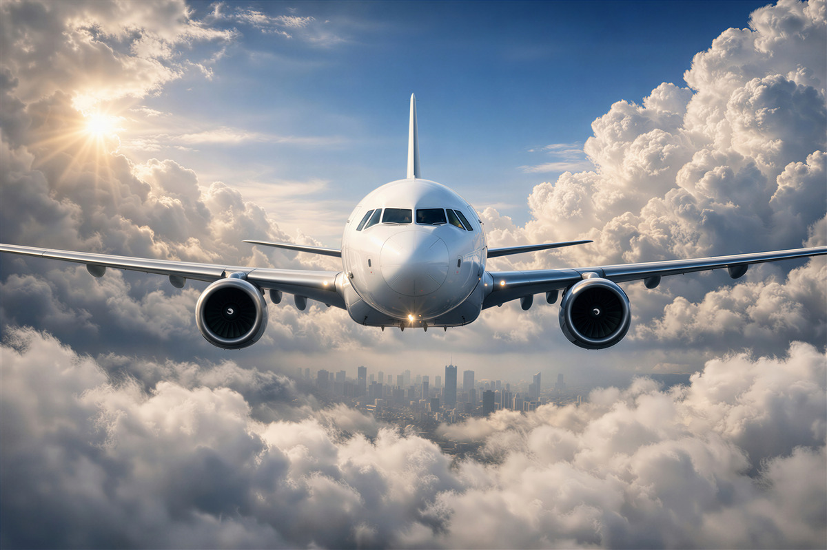 Fototapeten Flugzeug über Wolken und Stadt