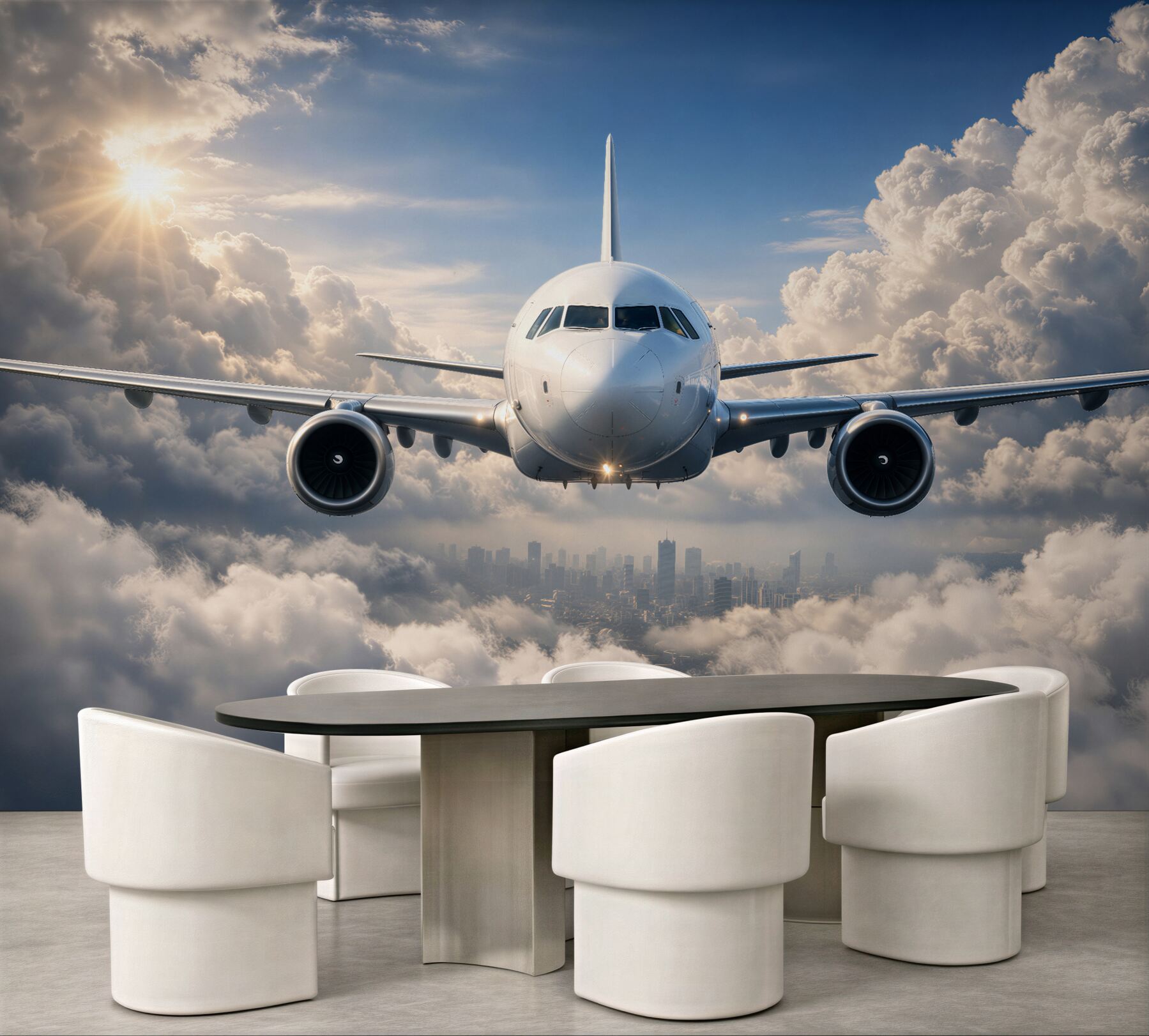 Fototapeten Flugzeug über Wolken und Stadt