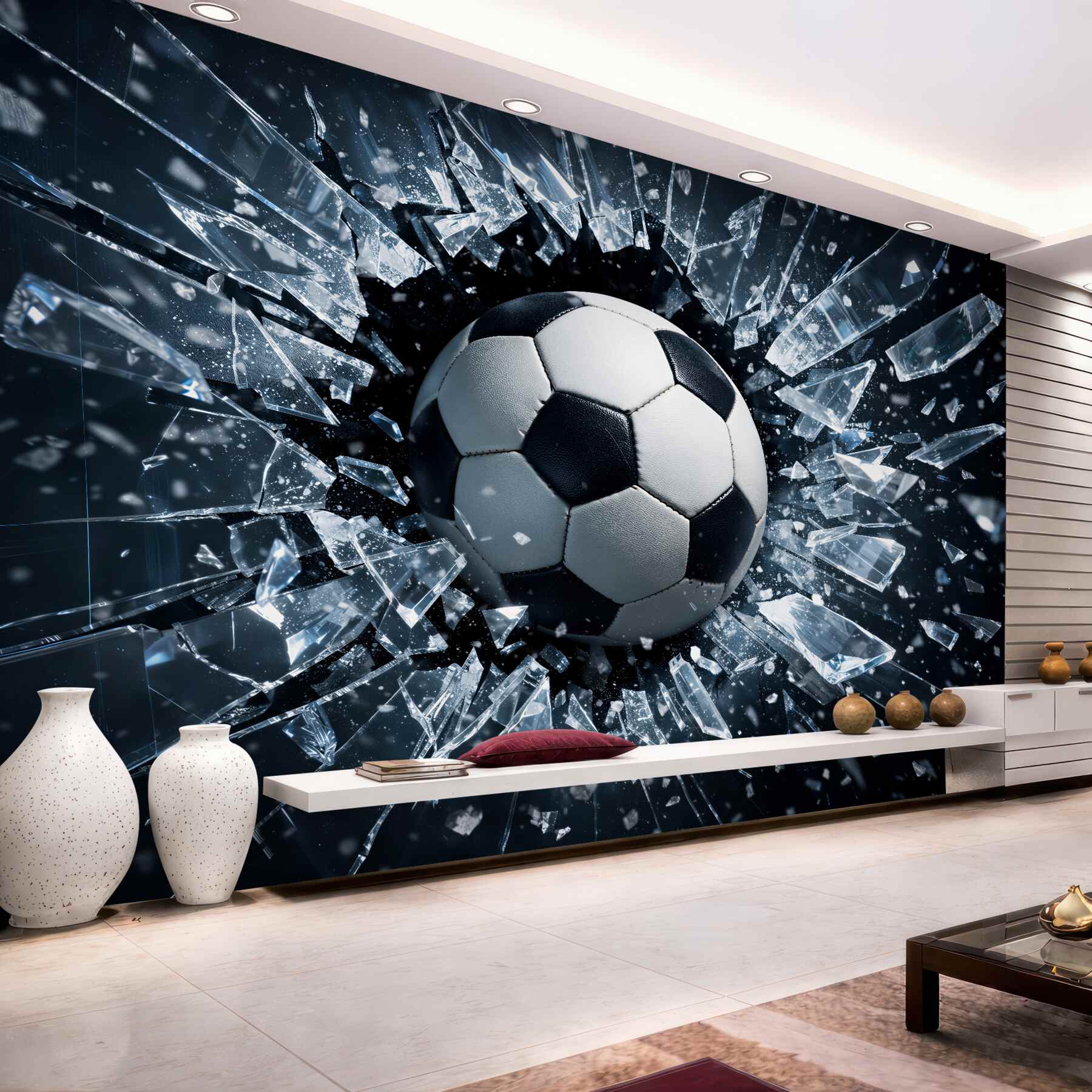 Fototapeten Ball, der eine Glasfläche durchbricht