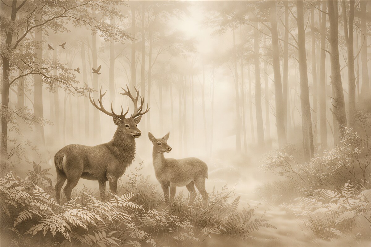 Fototapeten Ein Hirschpaar im nebligen Wald