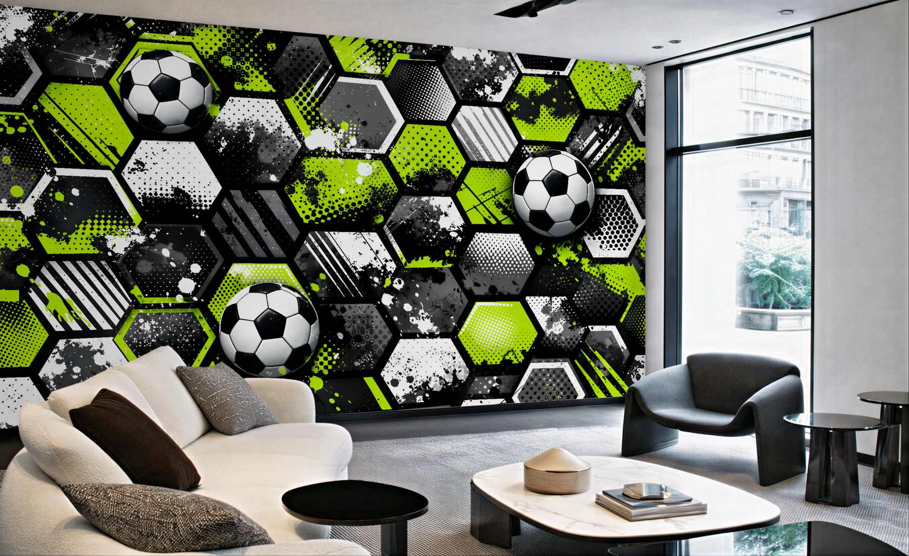 Fototapeten Fußballenergie aus Neon-Hexagonen