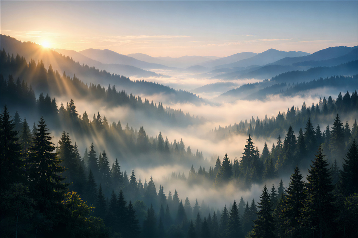 Fototapeten Morgen im nebligen Bergwald