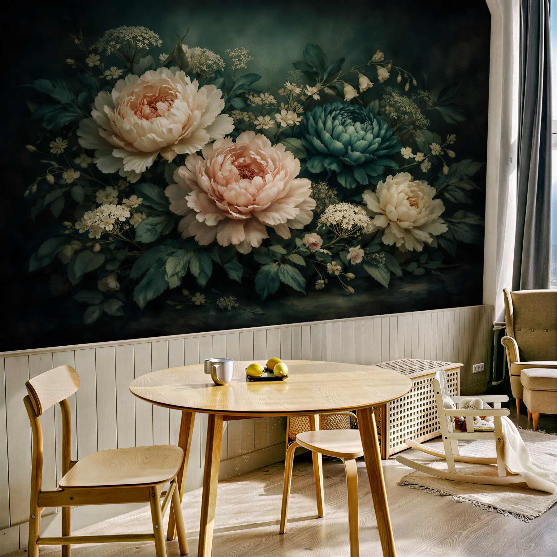 Fototapeten Elegante Pfingstrosen auf dunklem Hintergrund