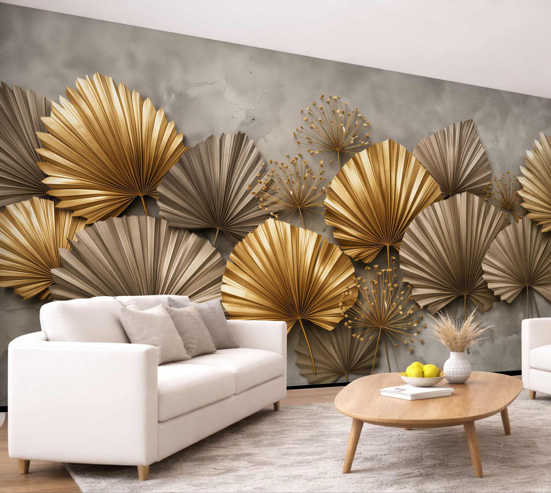 Fototapeten Goldene Fächer auf Betonhintergrund