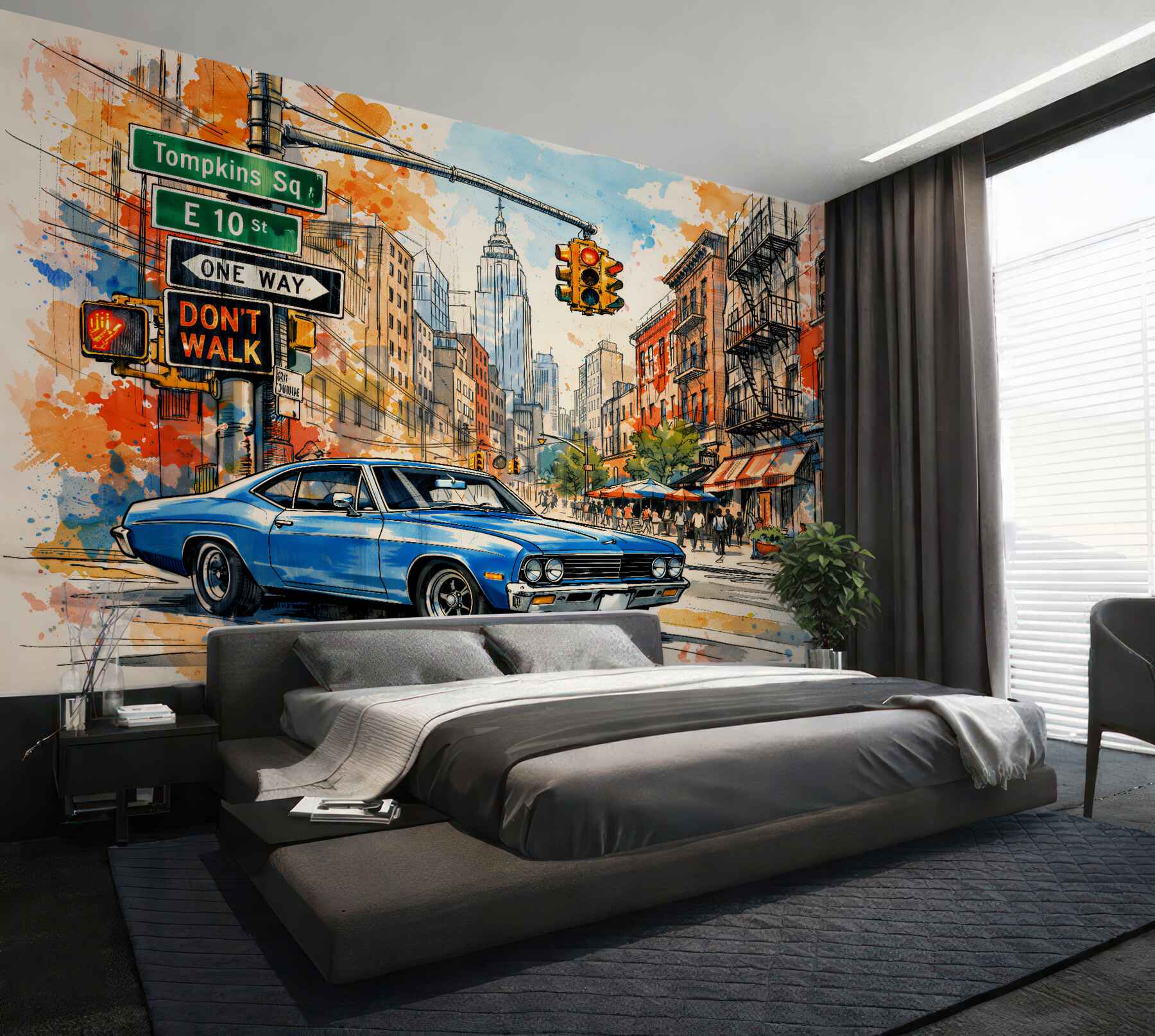 Fototapeten Aquarellstraße mit klassischem Auto