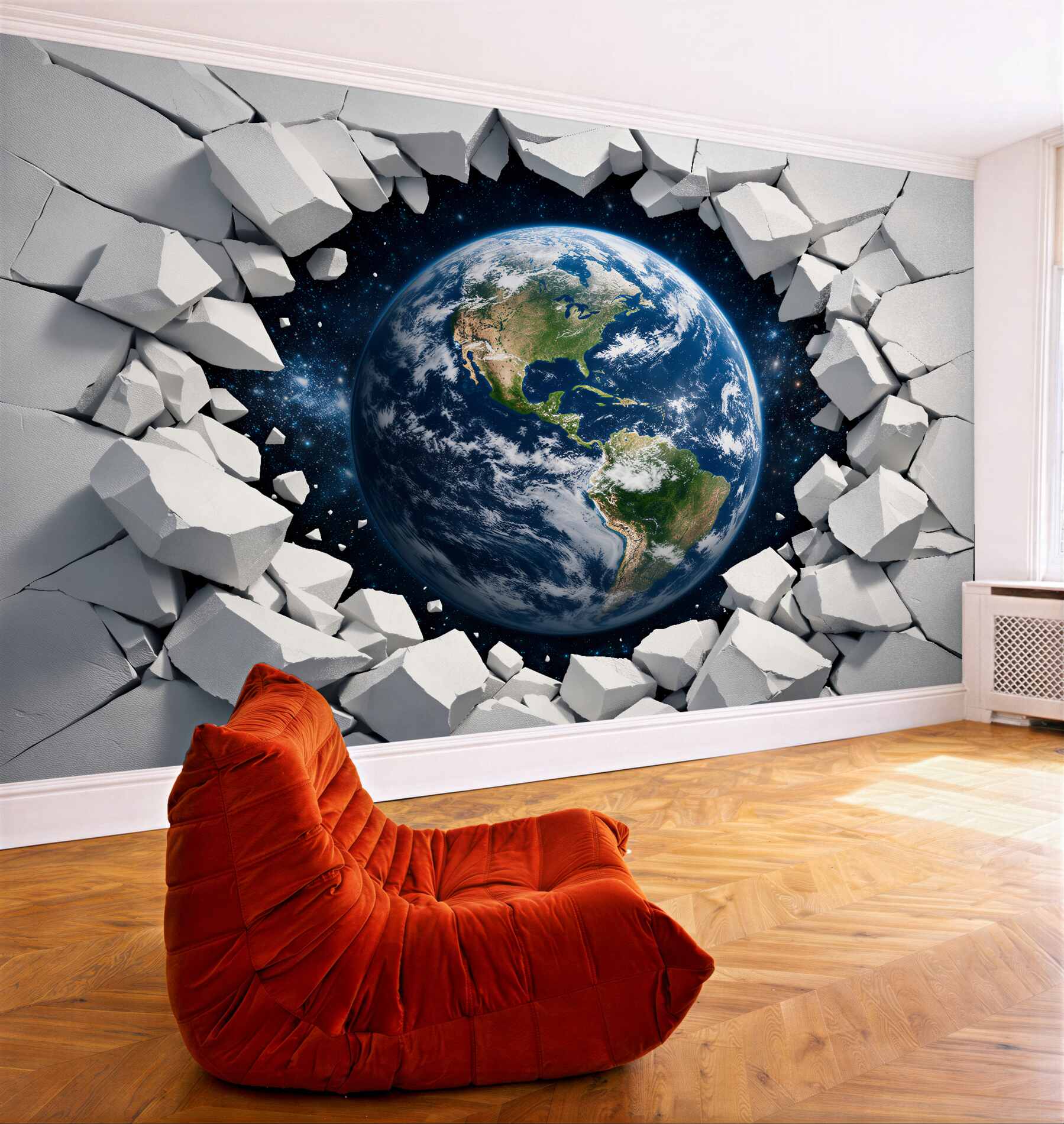 Fototapeten Erde durchbricht die Wand in 3D