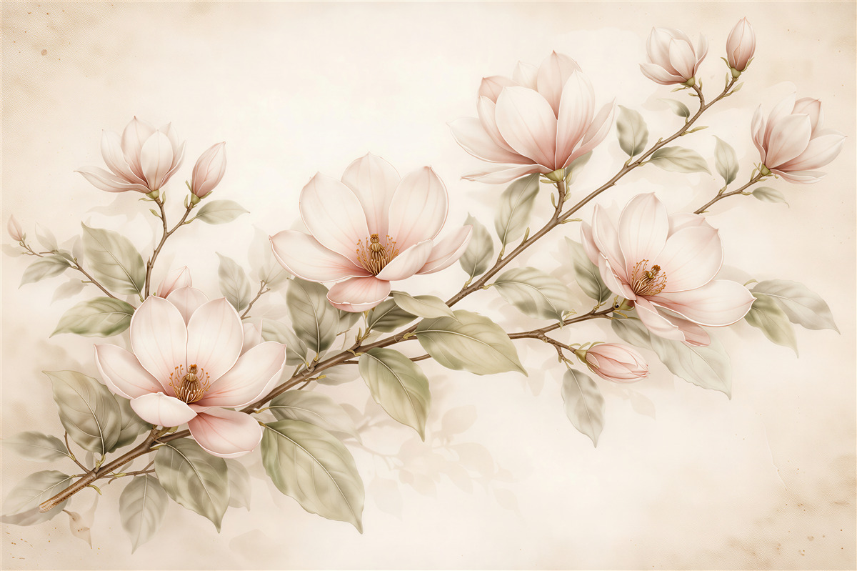 Fototapeten Zarter pastellfarbener Magnolienzweig