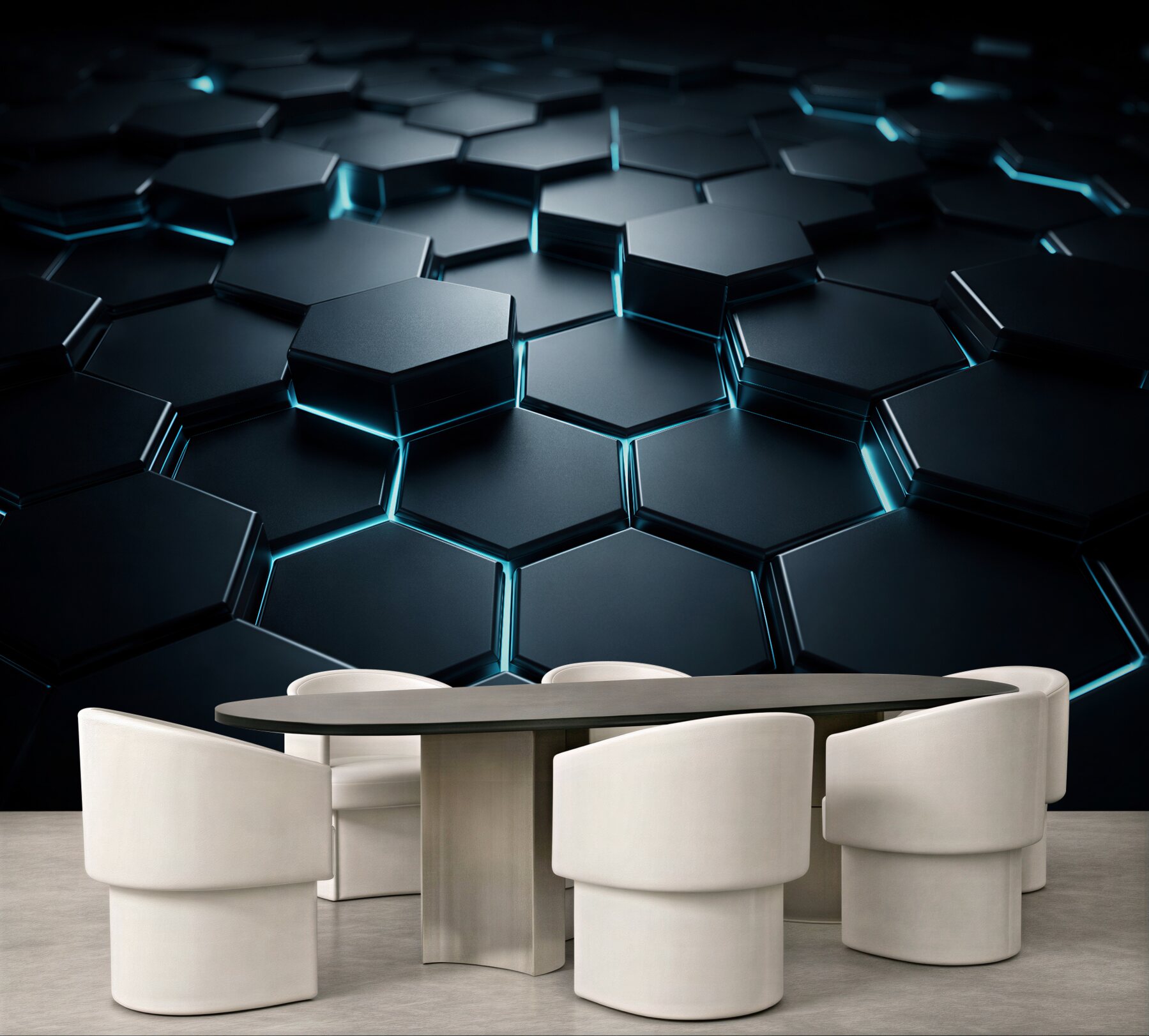 Fototapeten Dunkle Hexagone mit blauem Licht