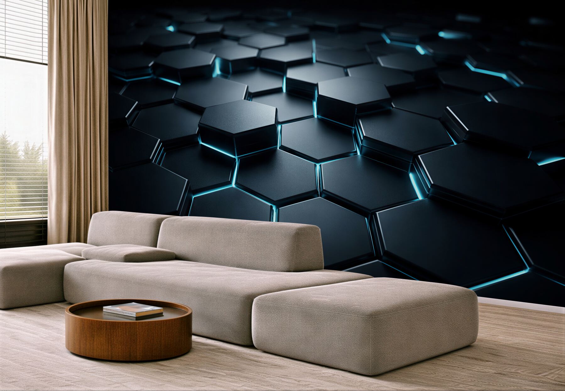 Fototapeten Dunkle Hexagone mit blauem Licht