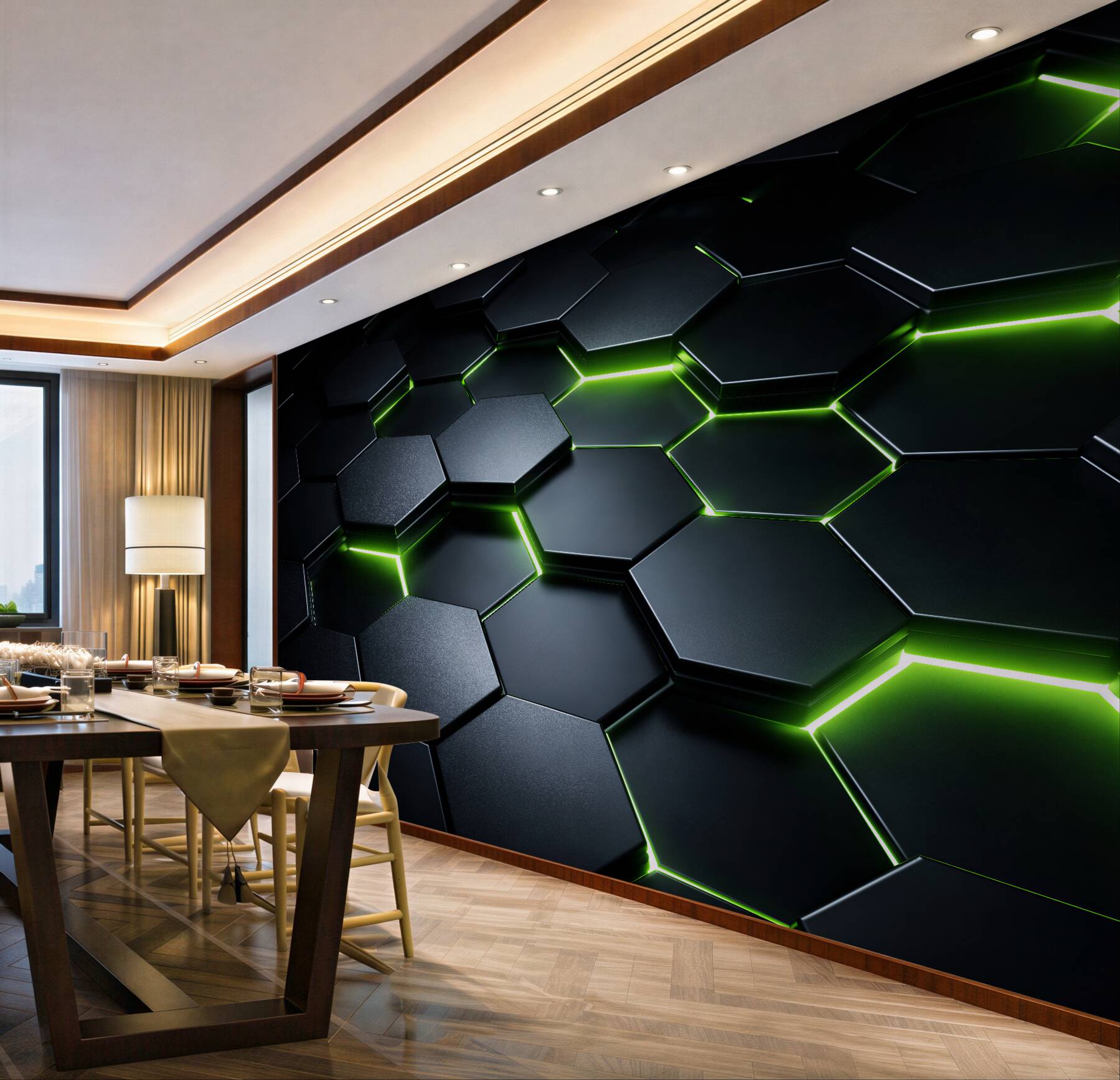 Fototapeten Grüne Neon-Hexagone 3D