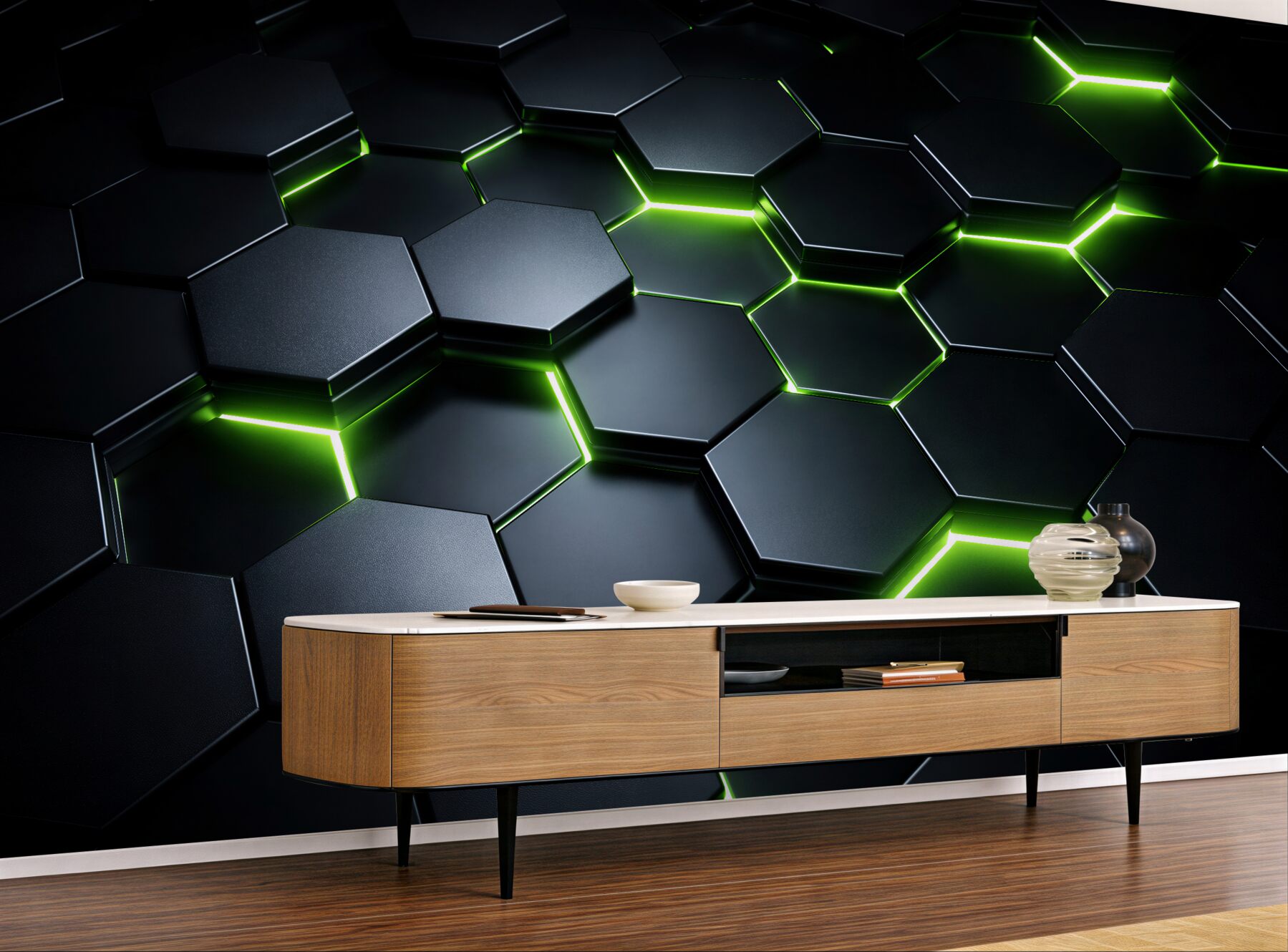 Fototapeten Grüne Neon-Hexagone 3D