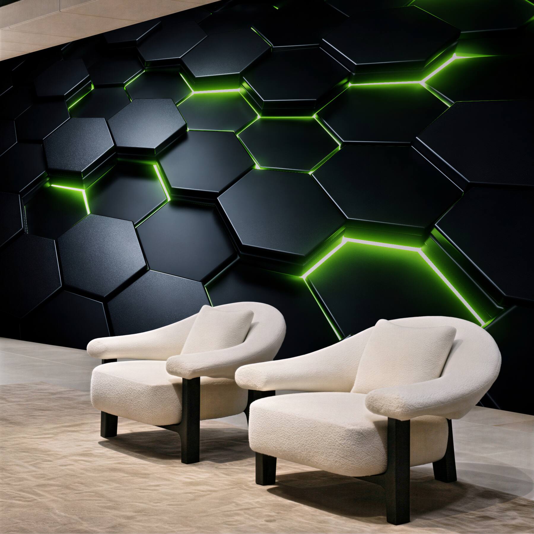 Fototapeten Grüne Neon-Hexagone 3D