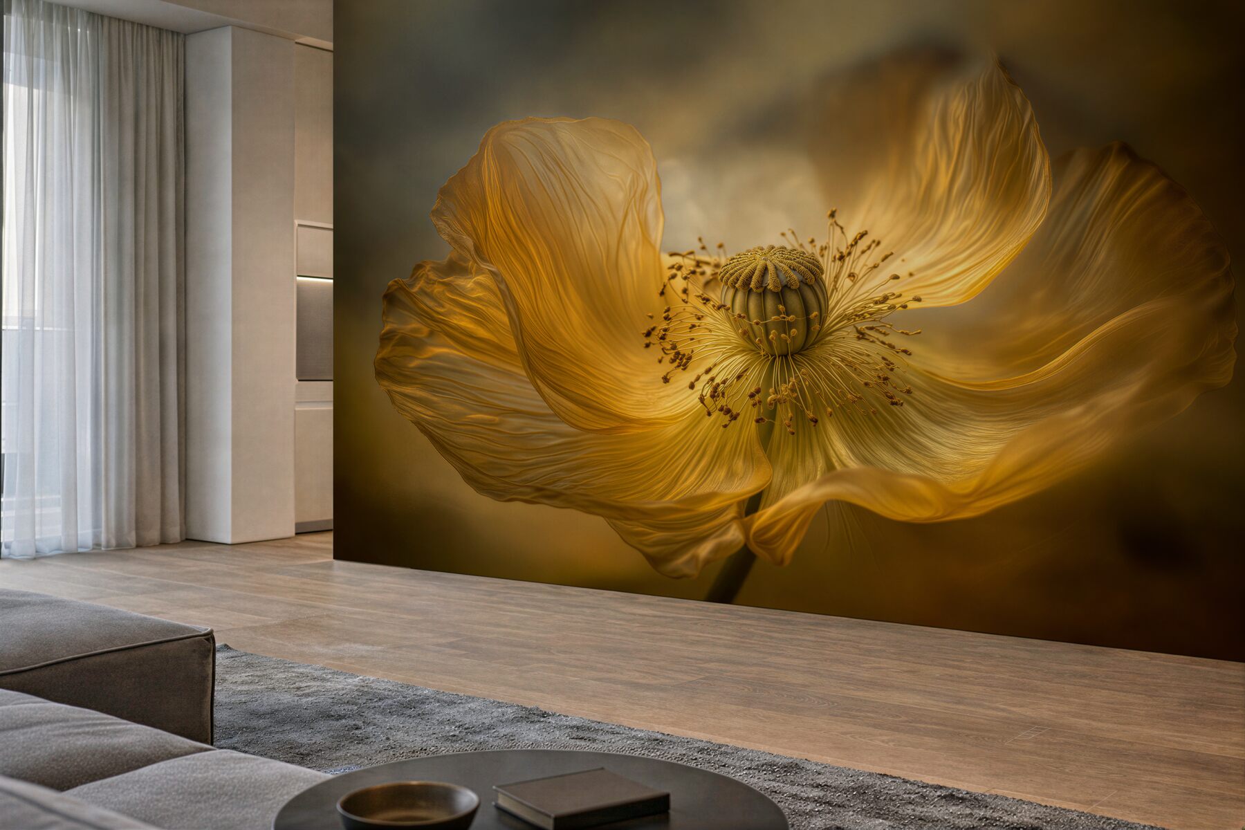 Fototapeten Goldener Mohn in leuchtender Erscheinung