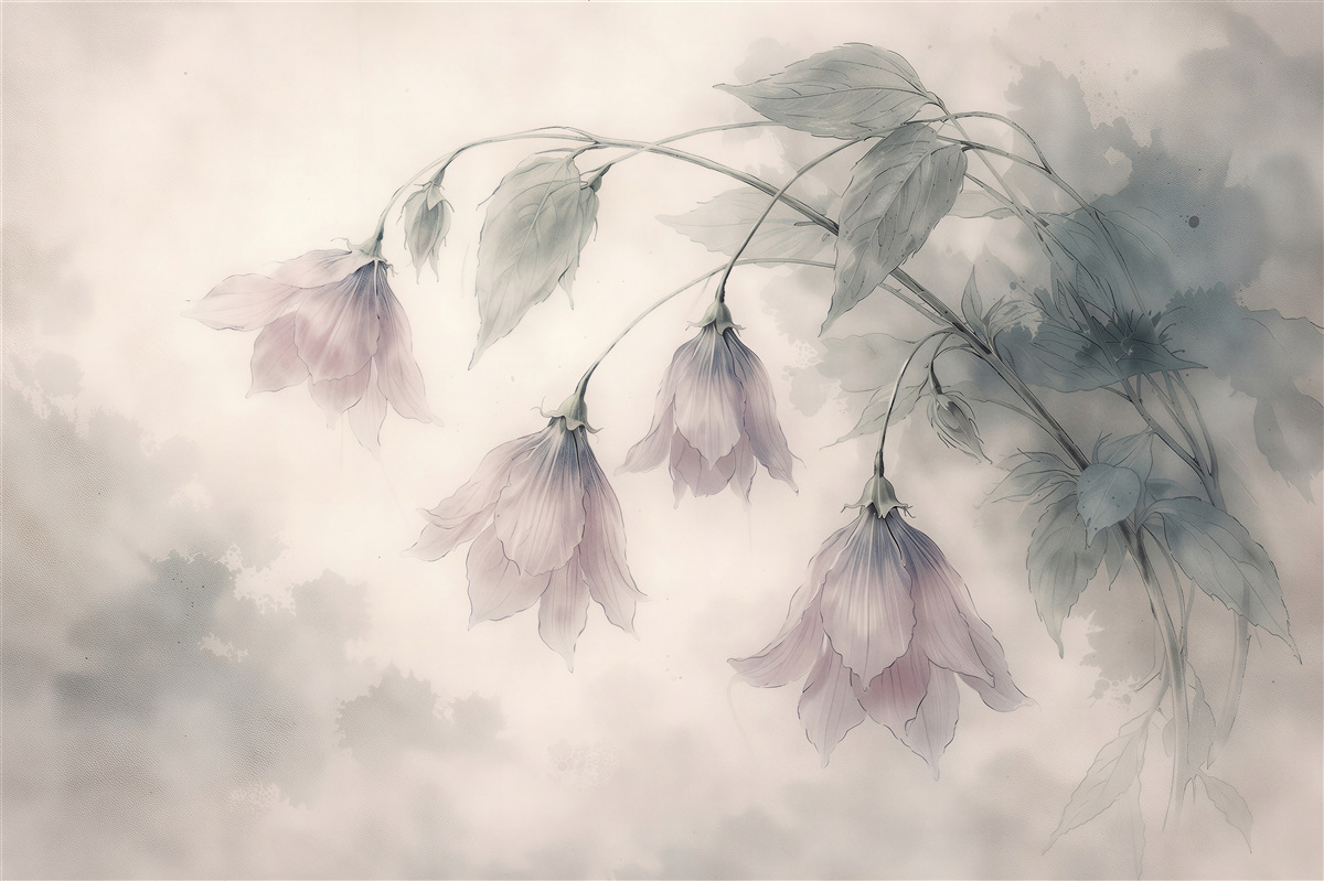 Fototapeten Zarte Glockenblumen im Aquarellnebel
