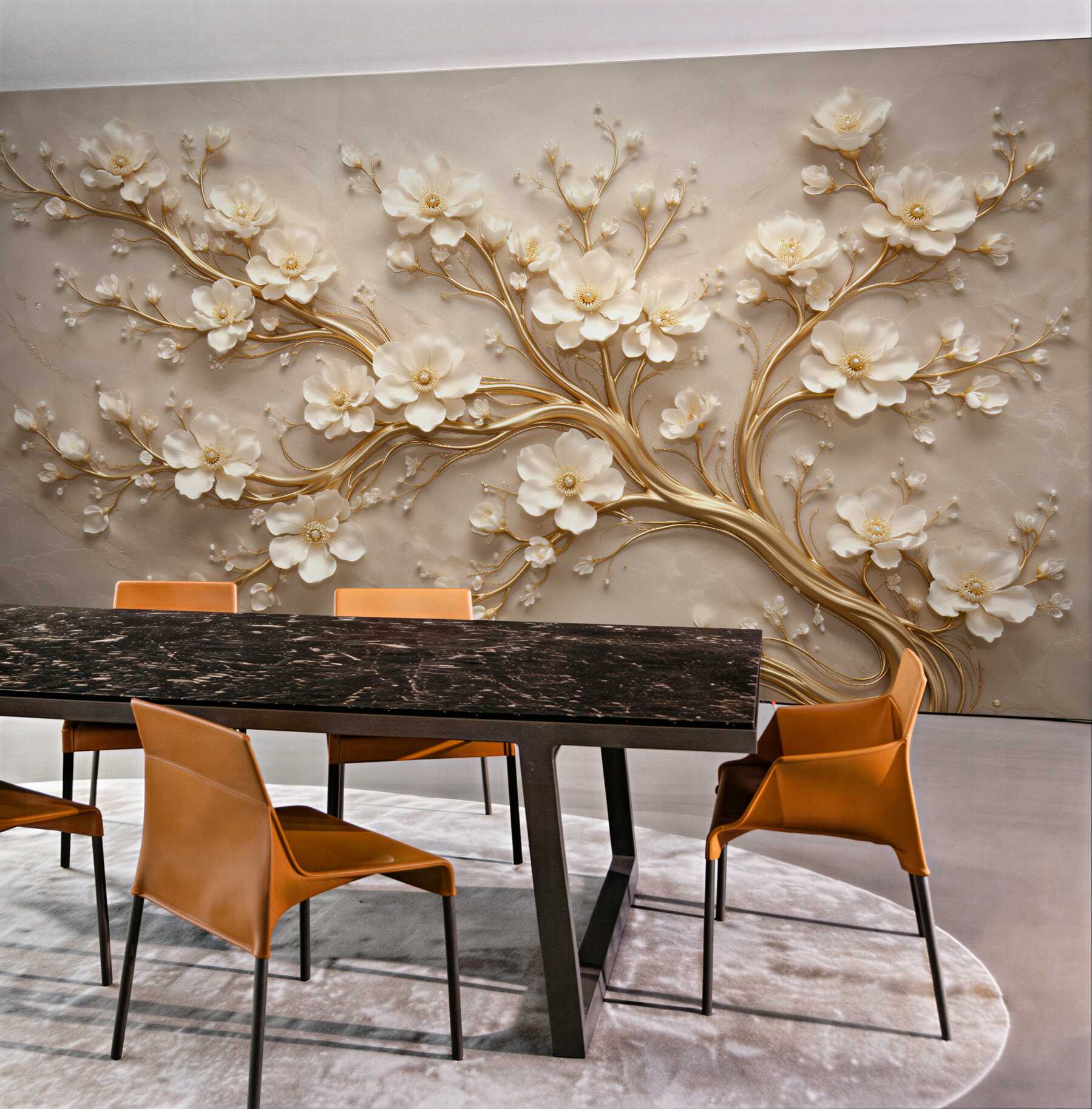 Fototapeten Goldener Baum mit weißen Blüten 3D