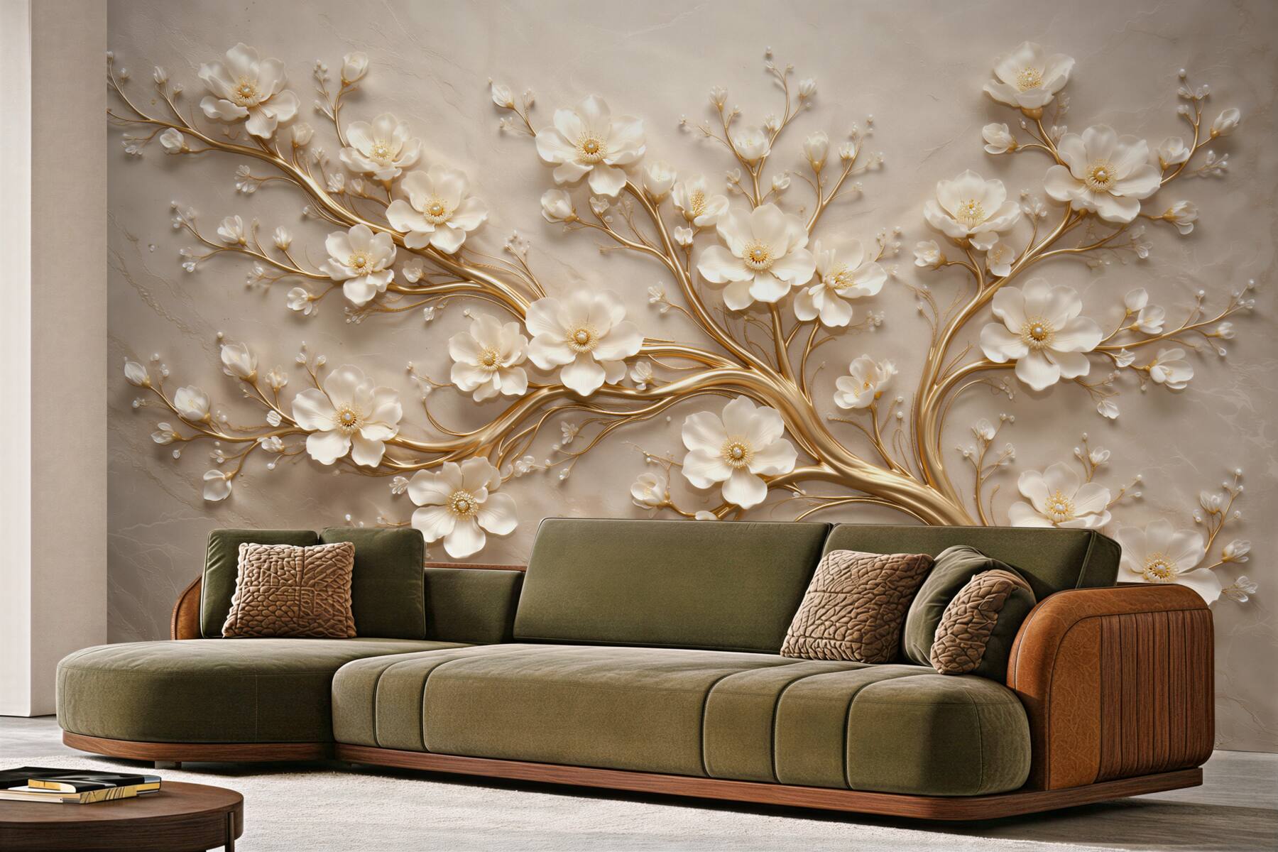 Fototapeten Goldener Baum mit weißen Blüten 3D