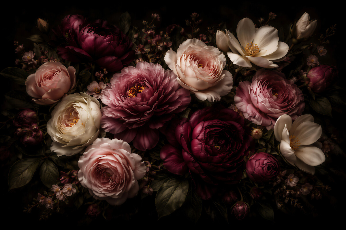Fototapeten Dunkle Blumen in elegantem Glanz