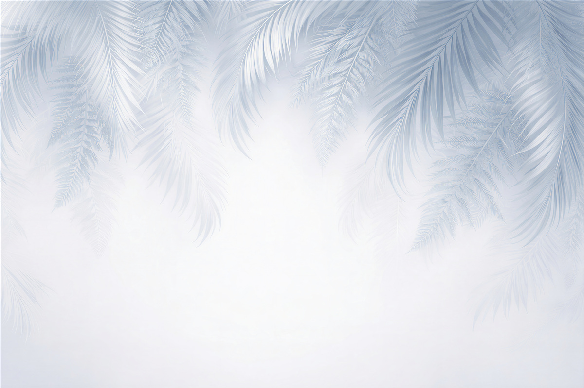 Fototapeten Blaue Palmblätter im leichten Nebel