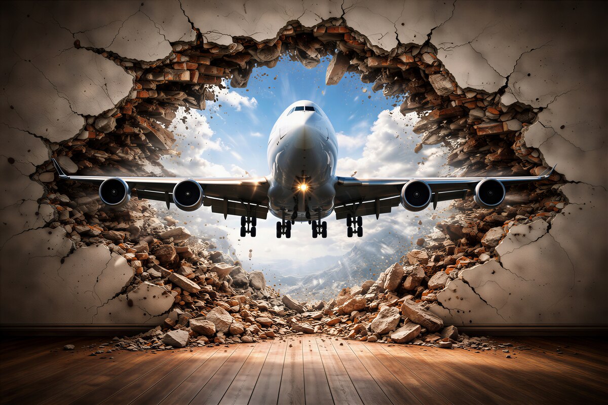 Fototapeten Flugzeug durchbricht die Wand 3D