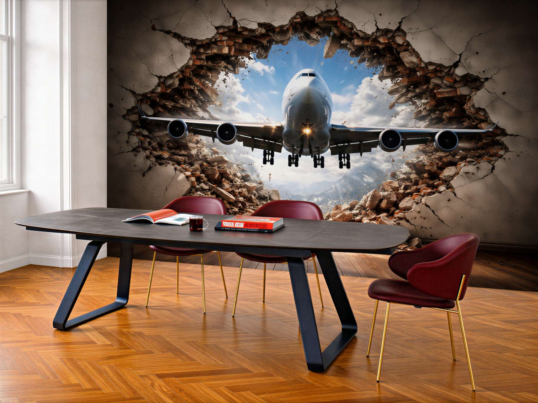 Fototapeten Flugzeug durchbricht die Wand 3D