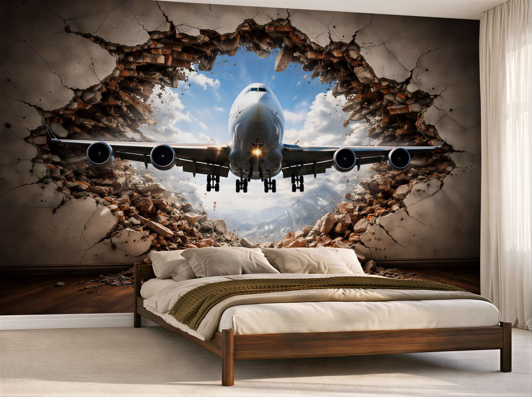 Fototapeten Flugzeug durchbricht die Wand 3D