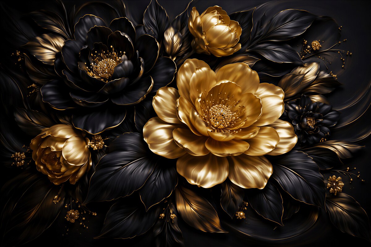Fototapeten Gold-schwarze Glamour-Blumen