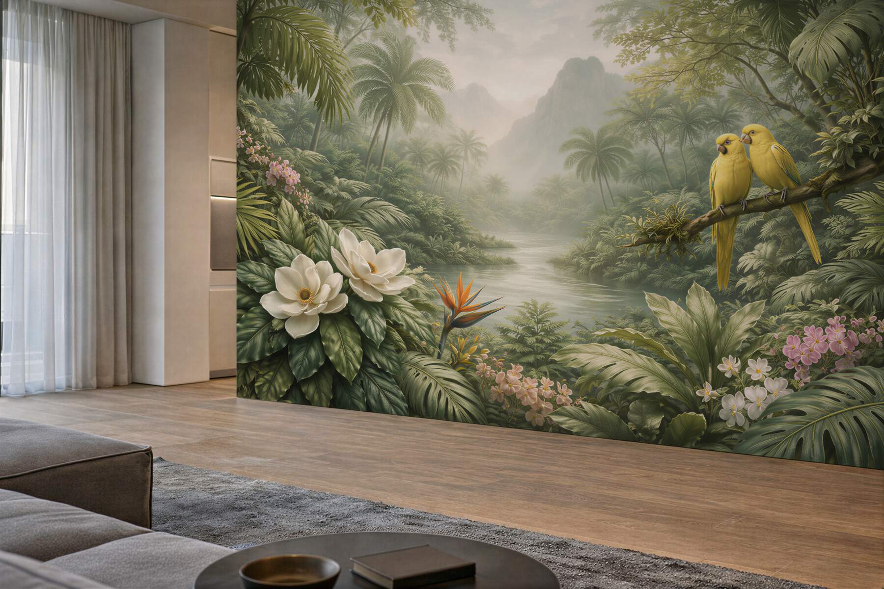 Fototapeten Paradiesischer Dschungel mit gelben Papageien