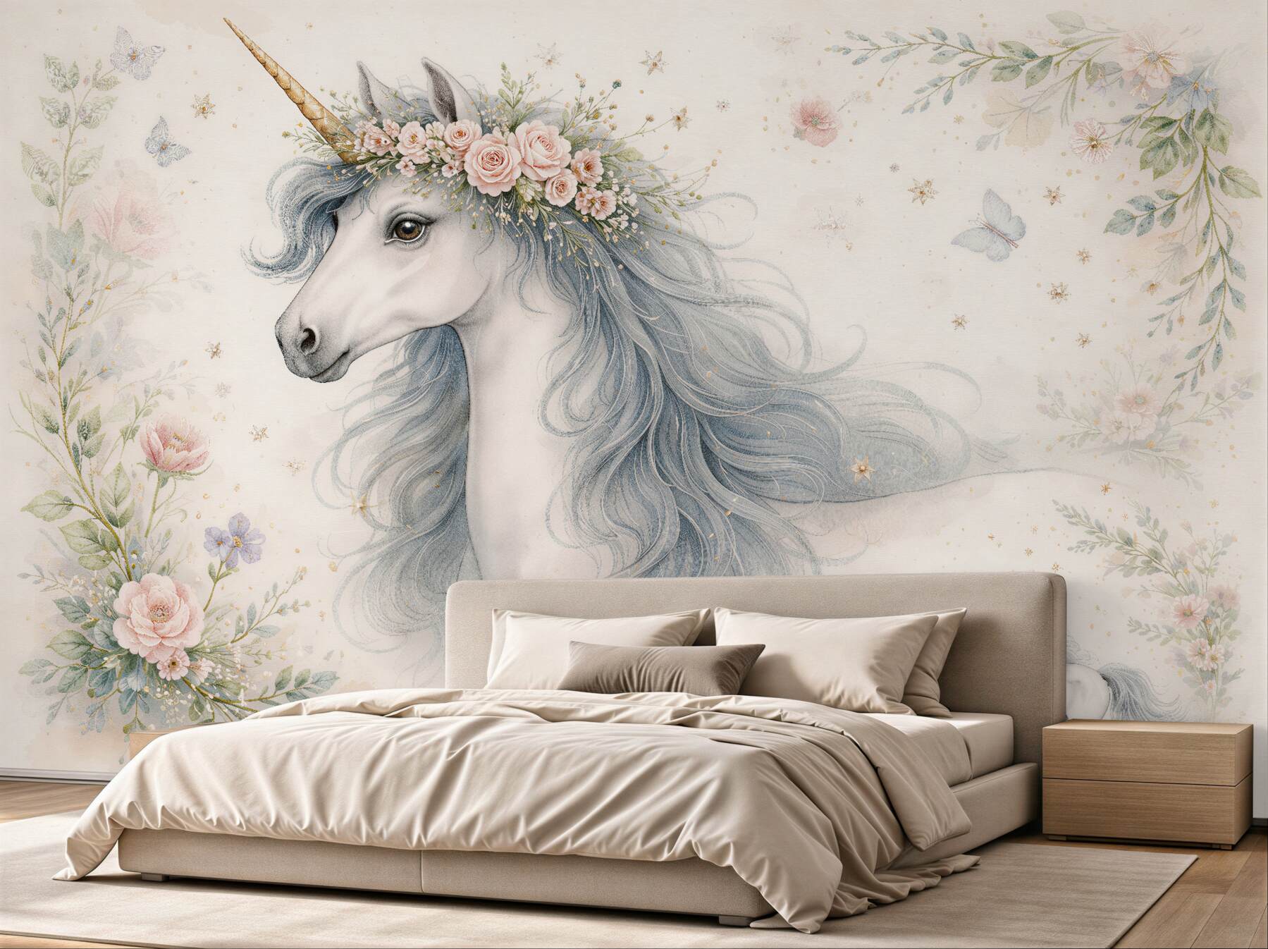 Fototapeten Märchenhaftes Einhorn in Blumen