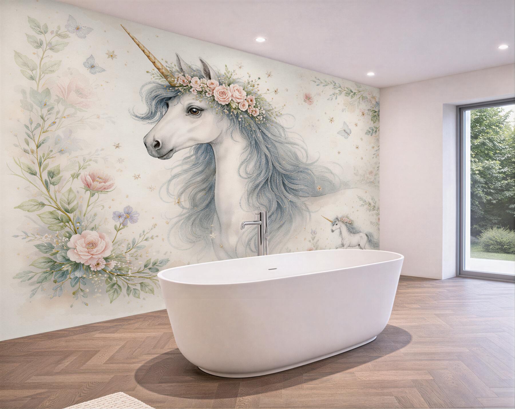Fototapeten Märchenhaftes Einhorn in Blumen