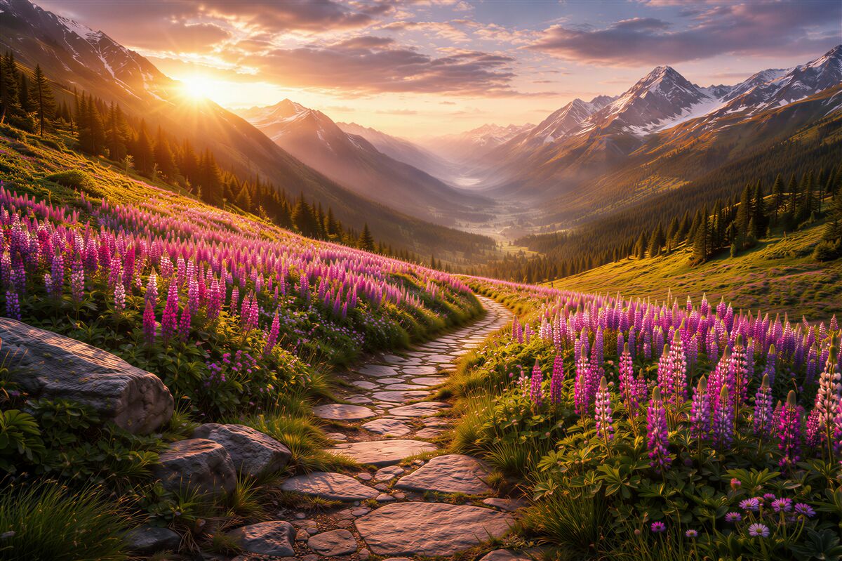 Fototapeten Sonniges Tal voller Blumen und Berge