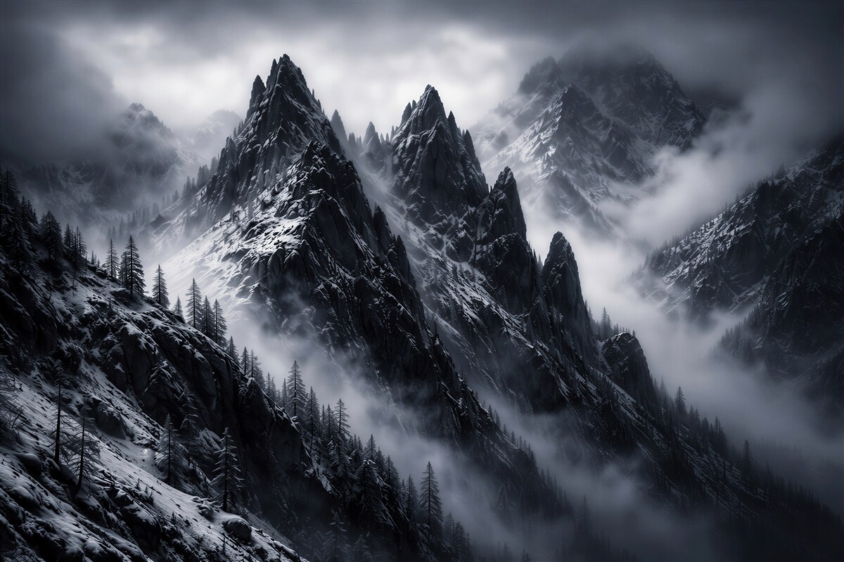 Fototapeten Dunkle Gipfel im Nebel
