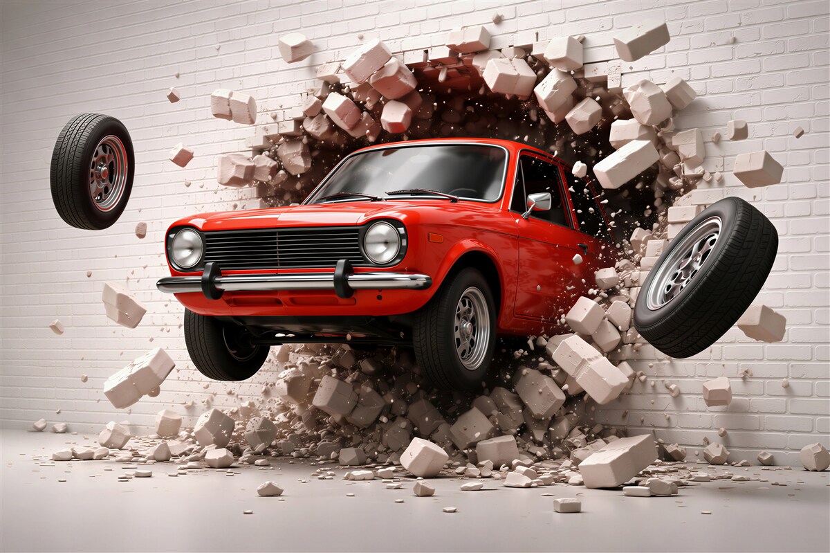 Fototapeten Rotes Auto durchbricht die Wand 3D