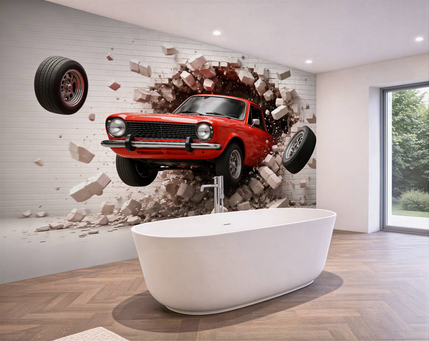 Fototapeten Rotes Auto durchbricht die Wand 3D