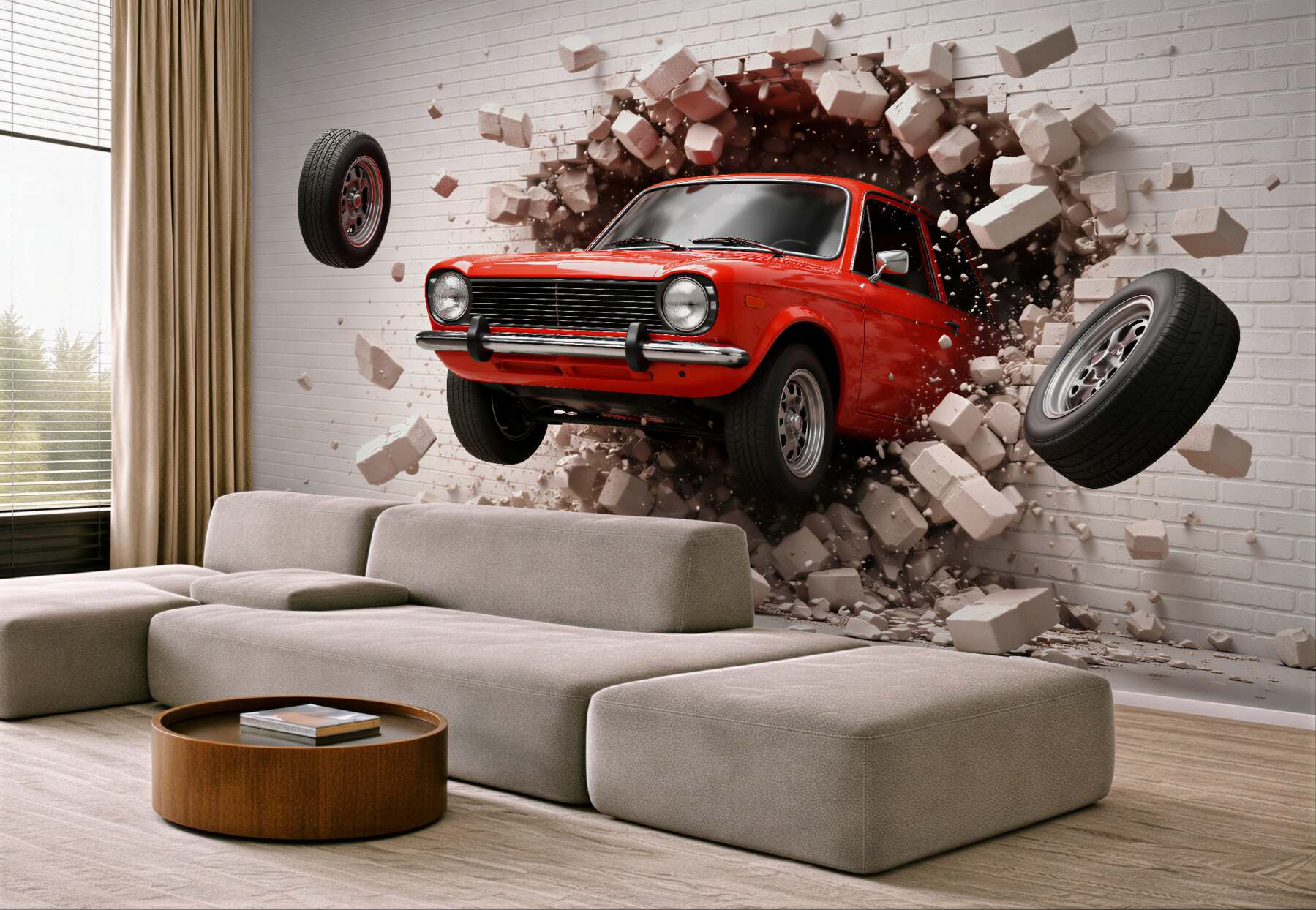 Fototapeten Rotes Auto durchbricht die Wand 3D