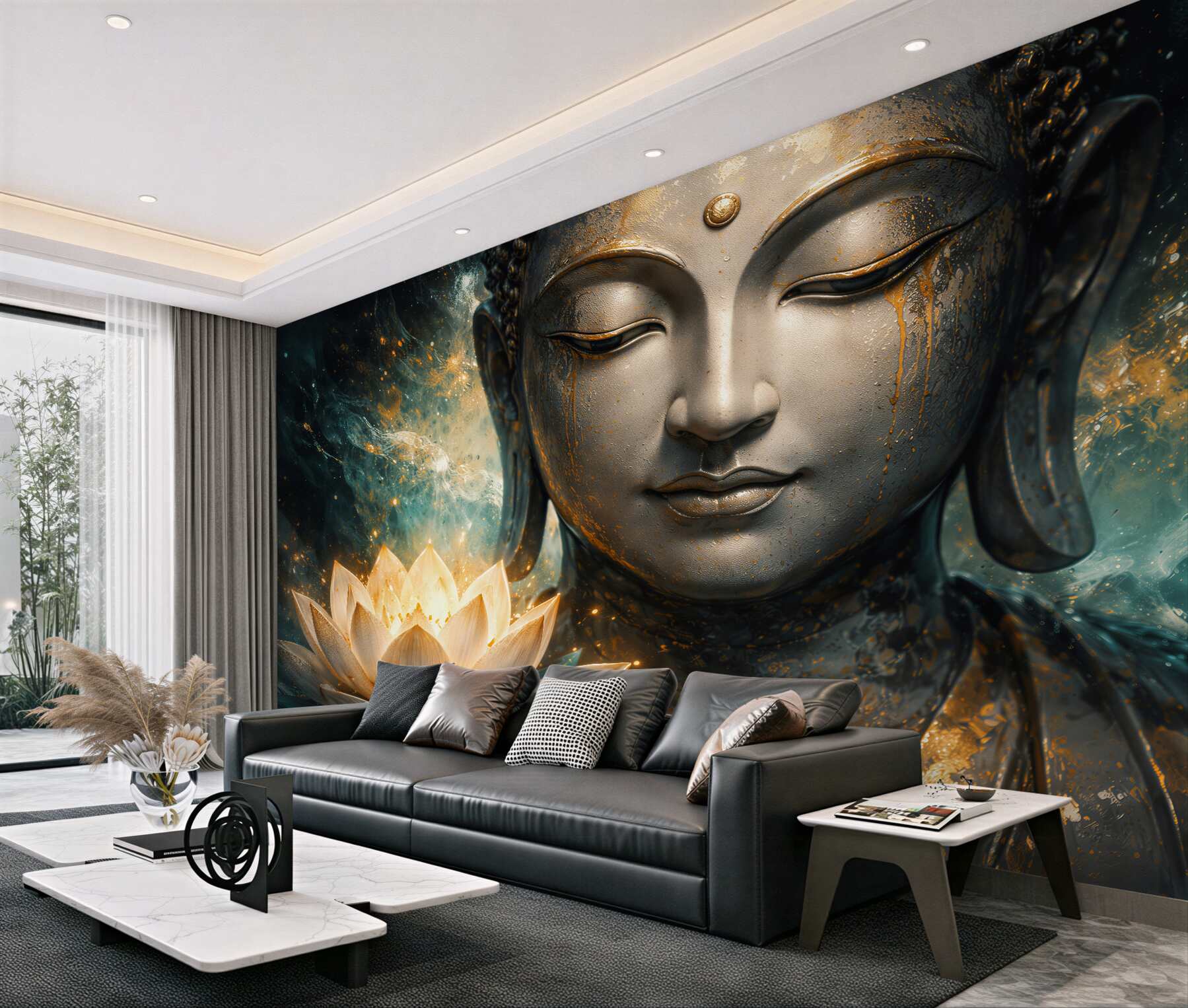 Fototapeten Goldener Buddha mit Lotus