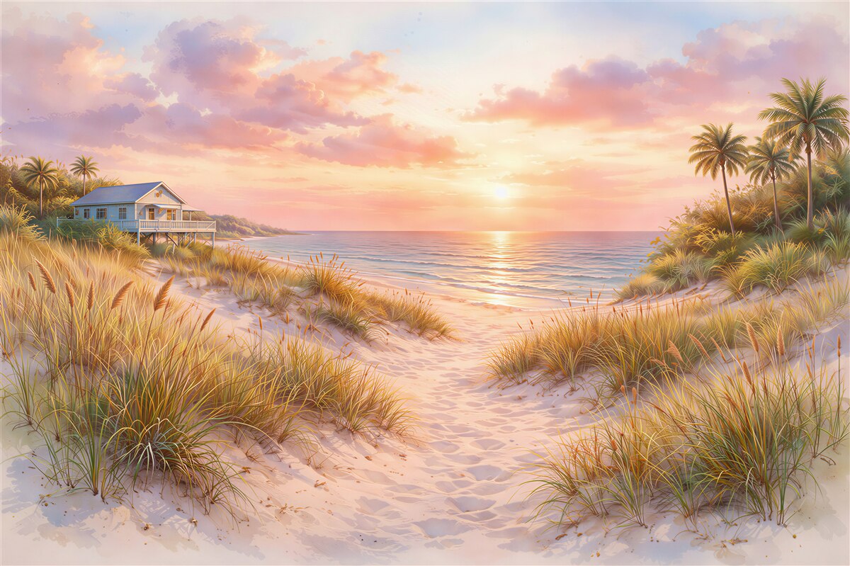 Fototapeten Rosa Sonnenuntergang über dem Strand