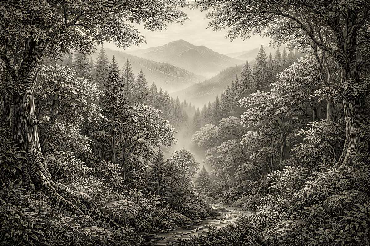 Fototapeten Waldtal in nebligen Bergen